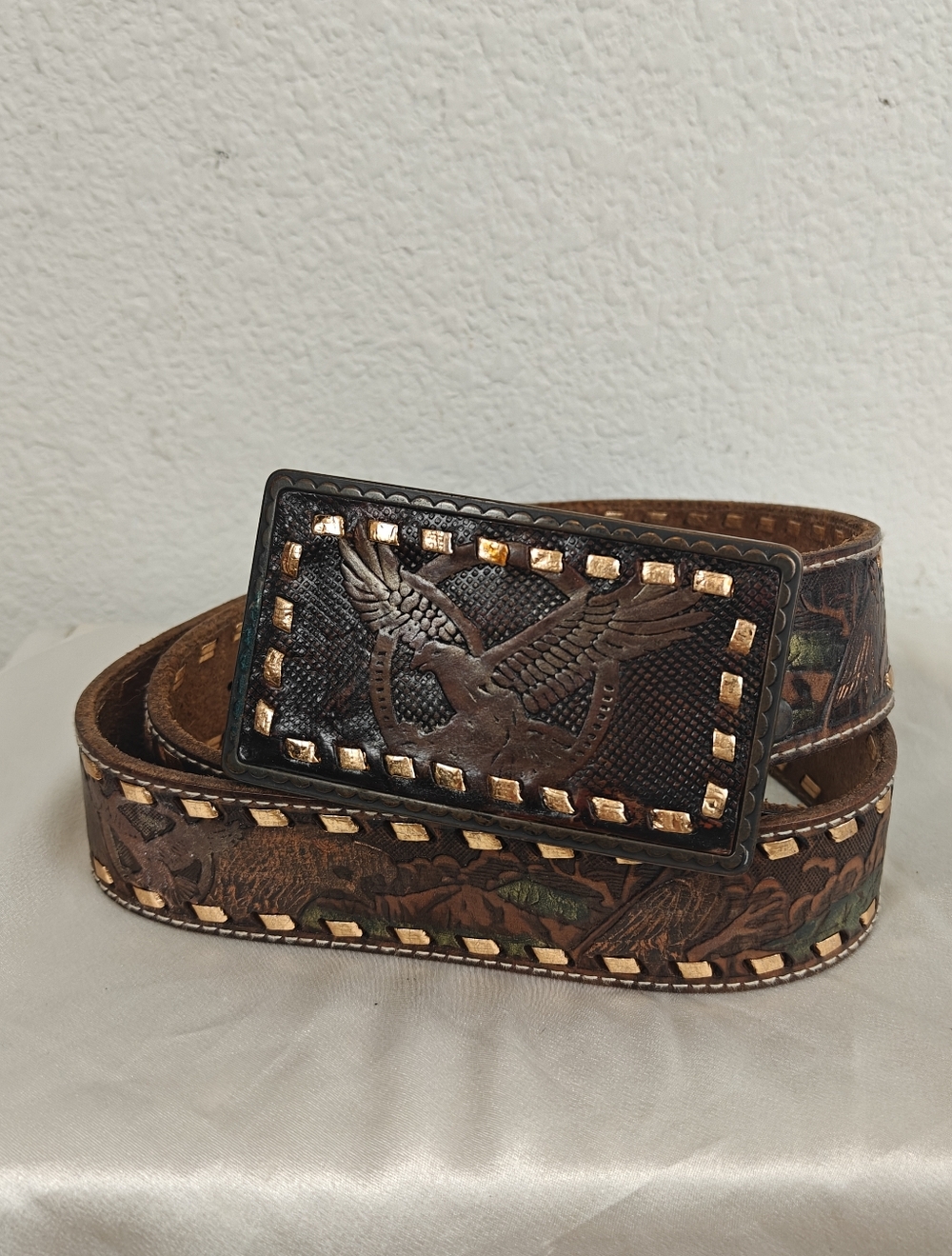 Fossil VTG Western Eagle Embossed Leather Belt Copper Studded Grain Cowhide 36